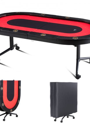10 Player Foldable Poker Table, Blackjack Texas Holdem Poker Table with Padded Rails and Stainless Steel Cup Holders, Portable Folding Card Board Game Table, 90" Oval Casino Leisure Table