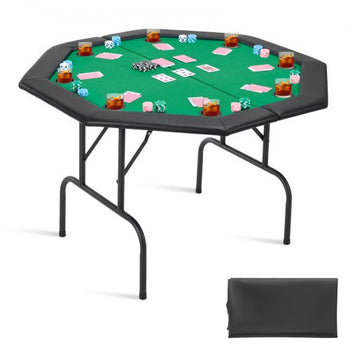 Foldable Poker Table, 8 Player 48 in Folding Casino Leisure Table with Padded Rails & Cup Holders, Octagonal Portable Game Tables with Felt & Metal Legs, for Texas Hold'em Game and Blackjack