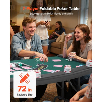 Foldable Poker Table, 7 Player 72 in Folding Casino Leisure Table with Padded Rails & Cup Holders, Semi-oval Portable Game Tables with Felt & Metal Legs, for Texas Hold'em Game and Blackjack
