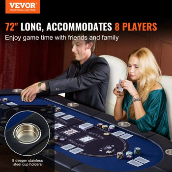8 Player Foldable Poker Table, Blackjack Texas Holdem Poker Table with Padded Rails and Stainless Steel Cup Holders, Portable Folding Card Board Game Table, 72" Oval Casino Leisure Table, Blue