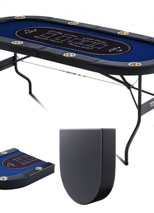 8 Player Foldable Poker Table, Blackjack Texas Holdem Poker Table with Padded Rails and Stainless Steel Cup Holders, Portable Folding Card Board Game Table, 72" Oval Casino Leisure Table, Blue