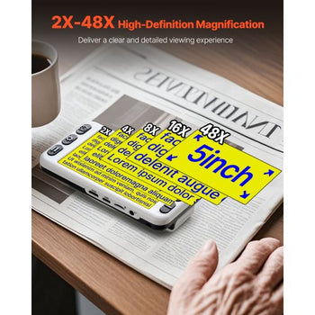 Portable Digital Magnifier, 5-inch HD Electronic Video Magnifier for Low Version, 2X - 48X Electronic Reading Aid with 13MP Near & Far Dual Lens, 26 Color Mode, AV/HDMI Output & Foldable Handle