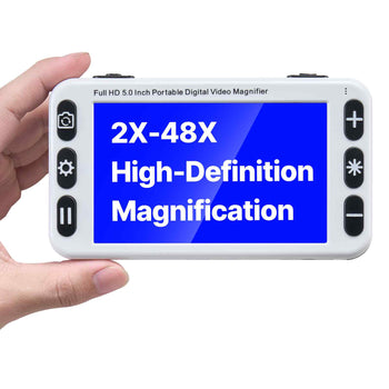 Portable Digital Magnifier, 5-inch HD Electronic Video Magnifier for Low Version, 2X - 48X Electronic Reading Aid with 13MP Near & Far Dual Lens, 26 Color Mode, AV/HDMI Output & Foldable Handle