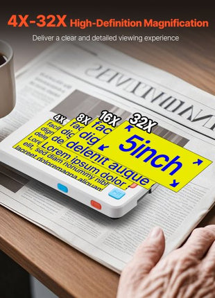 Portable Digital Magnifier, 5-inch HD Electronic Video Magnifier for Low Version, 4X - 32X Zoom Electronic Reading Aid with 17 Color Mode, AV Output, Foldable Handle & 5-Level Screen Brightness