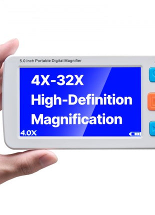 Portable Digital Magnifier, 5-inch HD Electronic Video Magnifier for Low Version, 4X - 32X Zoom Electronic Reading Aid with 17 Color Mode, AV Output, Foldable Handle & 5-Level Screen Brightness