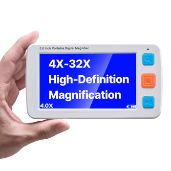 Portable Digital Magnifier, 5-inch HD Electronic Video Magnifier for Low Version, 4X - 32X Zoom Electronic Reading Aid with 17 Color Mode, AV Output, Foldable Handle & 5-Level Screen Brightness