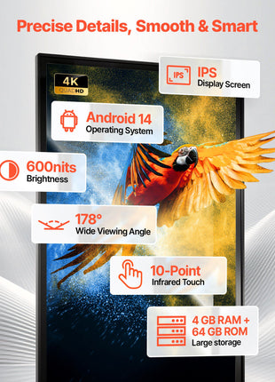 65 in Indoor Digital Signage 4K Floor Stand Advertising Display Kiosk, WiFi HDMI/USB Input Android OS, 178° Wide View, LCD Touchscreen Interactive Monitor, Mobile Commercial Totem Poster