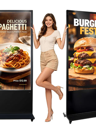 65 in Indoor Digital Signage 4K Floor Stand Advertising Display Kiosk, WiFi HDMI/USB Input Android OS, 178° Wide View, LCD Touchscreen Interactive Monitor, Mobile Commercial Totem Poster