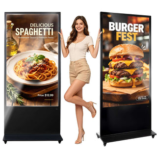 65 in Indoor Digital Signage 4K Floor Stand Advertising Display Kiosk, WiFi HDMI/USB Input Android OS, 178° Wide View, LCD Touchscreen Interactive Monitor, Mobile Commercial Totem Poster