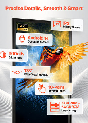 55 in Indoor Digital Signage 4K Floor Stand Advertising Display Kiosk, WiFi HDMI/USB Input Android OS, 178° Wide View, LCD Touchscreen Interactive Monitor, Mobile Commercial Totem Poster