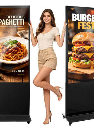 55 in Indoor Digital Signage 4K Floor Stand Advertising Display Kiosk, WiFi HDMI/USB Input Android OS, 178° Wide View, LCD Touchscreen Interactive Monitor, Mobile Commercial Totem Poster