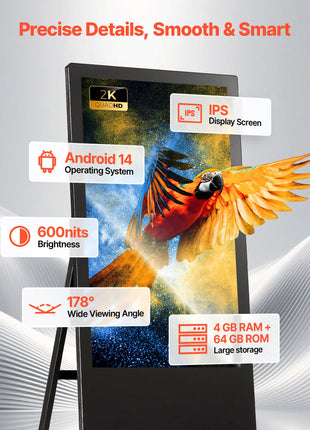 32 in Indoor Digital Signage Floor Standing Advertising Display Kiosk, with WiFi HDMI/USB Input Android OS, 178° Wide View, LCD Screen Interactive Monitor, Commercial Totem Vertical Poster