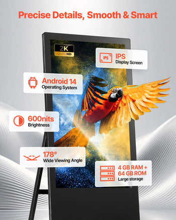 32 in Indoor Digital Signage Floor Standing Advertising Display Kiosk, with WiFi HDMI/USB Input Android OS, 178° Wide View, LCD Screen Interactive Monitor, Commercial Totem Vertical Poster
