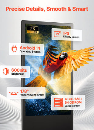43 in Indoor Digital Signage Floor Standing Advertising Display Kiosk, with WiFi HDMI/USB Input Android OS, 178° Wide View, LCD Screen Interactive Monitor, Mobile Commercial Totem Poster