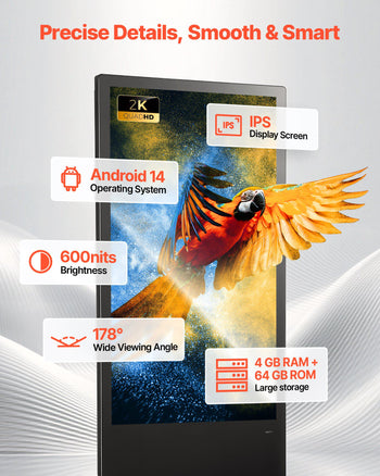 43 in Indoor Digital Signage Floor Standing Advertising Display Kiosk, with WiFi HDMI/USB Input Android OS, 178° Wide View, LCD Screen Interactive Monitor, Mobile Commercial Totem Poster