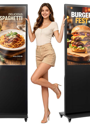 43 in Indoor Digital Signage Floor Standing Advertising Display Kiosk, with WiFi HDMI/USB Input Android OS, 178° Wide View, LCD Screen Interactive Monitor, Mobile Commercial Totem Poster