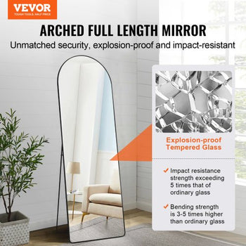 Curved Tall Mirror, 65'' x 22'', Spacious Standalone or Wall Mount Reflective Surface with Aluminum Frame, Comprehensive View Dress Mirror for Bedroom or Living Space, Black