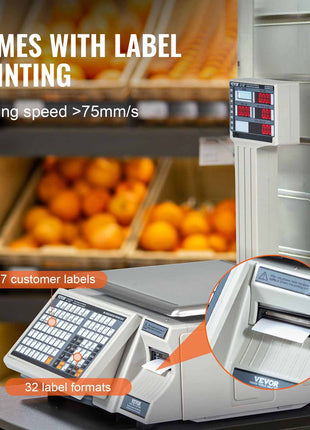 VEVOR label printer scale, gray color, 75mm/s printing speed, 67 customer labels, ideal for retail use.