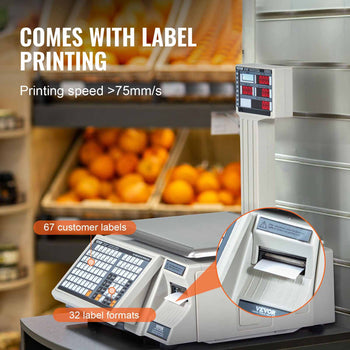 VEVOR label printer scale, gray color, 75mm/s printing speed, 67 customer labels, ideal for retail use.