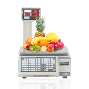 Digital fruit scale with a stainless steel platform, featuring colorful fruits like pineapple, bananas, and apples.