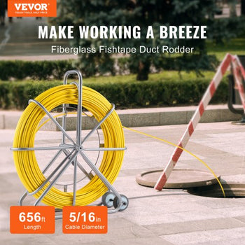 Fish Tape Fiberglass, 656 ft, 5/16 in, Duct Rodder Fishtape Wire Puller, Cable Running Rod with Steel Reel Stand, 3 Pulling Heads, Fishing Tools for Walls and Electrical Conduit, Non-Conductive