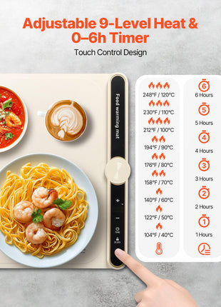 Electric Warming Tray, Food Warming Mat for Buffet, Rollable & Portable Silicone Food Warmer with 9 Adjustable Temperature Settings, Auto Shut-Off & Child Lock, Ideal for Parties, Catering