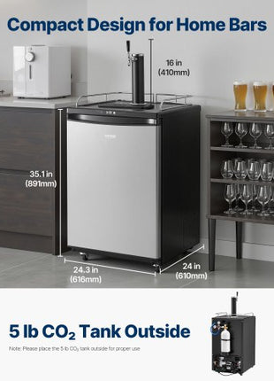 Beer Kegerator, Single Tap Draft Beer Dispenser, Full Size Keg Refrigerator With Shelves, CO2 Cylinder, Drip Tray & Rail, 32°F- 75.2°F Temperature Control, Holds 1/6, 1/4, 1/2 Barrels, Silver