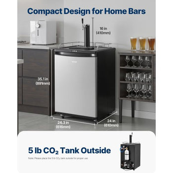 Beer Kegerator, Single Tap Draft Beer Dispenser, Full Size Keg Refrigerator With Shelves, CO2 Cylinder, Drip Tray & Rail, 32°F- 75.2°F Temperature Control, Holds 1/6, 1/4, 1/2 Barrels, Silver