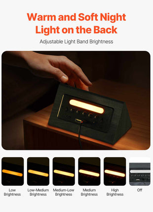 Digital Alarm Clock, Wooden Desk Clock with Dual Alarm, USB Port, Snooze, Night Light, Voice Control, Adjustable Volume, Bedside Desktop Clock with Charger for Bedroom, Kitchen, Office, Black
