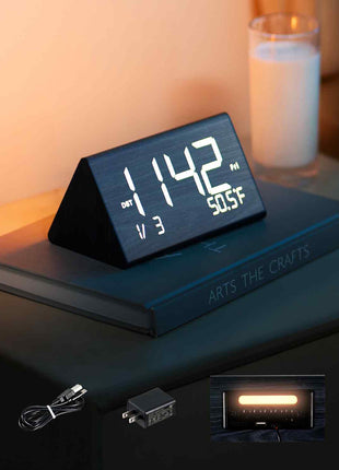 Digital Alarm Clock, Wooden Desk Clock with Dual Alarm, USB Port, Snooze, Night Light, Voice Control, Adjustable Volume, Bedside Desktop Clock with Charger for Bedroom, Kitchen, Office, Black