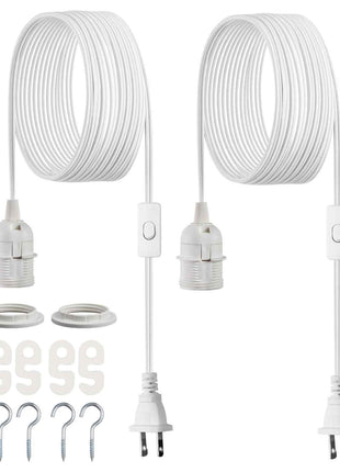 Plug in Hanging Light Cord Kit, 16ft Lantern Extension Cords, 2 Pack E26 Light Socket Lamp Cord Replacement, Secure & Sturdy, Easy to Install, Pendant Lamp Kit On/Off Switch & Socket Rings