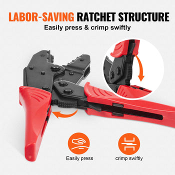 Black and red ratchet crimping tool for easy pressing and crimping in durable plastic and metal materials.