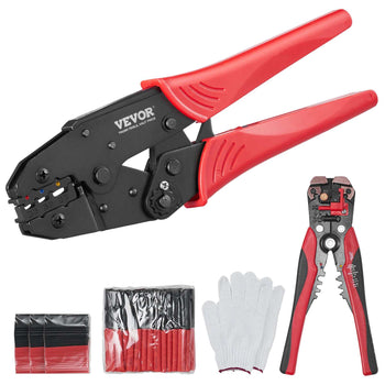 VEVOR crimping tool set with red handles, black metal, includes assorted terminals and safety gloves. Ideal for electrical work.