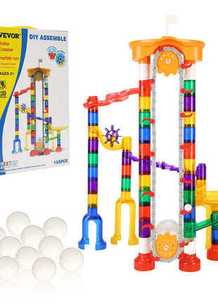 Marble Run Set, 153 PCS with Motorized Elevator, with 30 Plastic Marbles, Marble Maze Building Block Brain Game, Educational Learning Race Track STEM Toys, for Kids, Boys, Girls Ages 3 + Years