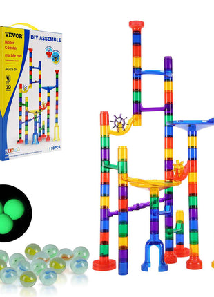 Marble Run Set, 110 Piece Marble Maze Building Block Brain Game, with 10 Glow in the Dark Marbles + 20 Glass Marbles, Educational Learning Race Track STEM Toys, for Kids, Boys, Girls Ages 3 +