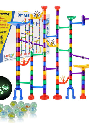 Marble Run Set, 145 Piece Marble Maze Building Block Brain Game, with 5 Glow in the Dark Marbles + 40 Glass Marbles, Educational Learning Race Track STEM Toys, for Kids, Boys, Girls Ages 3 +
