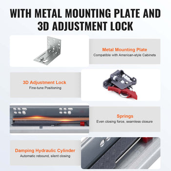 Metal mounting plate with 3D adjustment lock, featuring springs for seamless closure and a hydraulic cylinder for silent operation.
