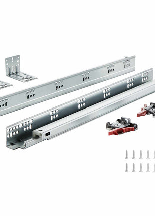 Heavy-duty silver metal drawer slide set with mounting brackets and screws for smooth sliding. Ideal for furniture assembly.