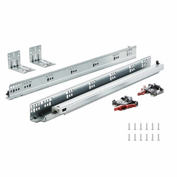 Heavy-duty silver metal drawer slide set with mounting brackets and screws for smooth sliding. Ideal for furniture assembly.