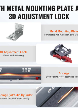 Metal mounting plate and 3D adjustment lock for seamless cabinet installation, featuring hydraulic damping for quiet closure.