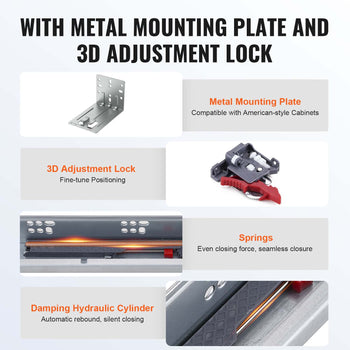 Metal mounting plate and 3D adjustment lock for seamless cabinet installation, featuring hydraulic damping for quiet closure.