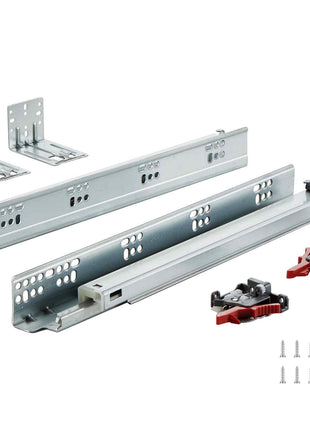 Silver metal drawer slide kit with mounting brackets and screws, featuring smooth glide mechanism for easy installation.