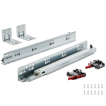 Silver metal drawer slide kit with mounting brackets and screws, featuring smooth glide mechanism for easy installation.