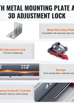 Metal mounting plate with 3D adjustment lock for seamless cabinet installation, featuring springs and a damping hydraulic cylinder.