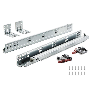 Silver metal drawer slide rail kit with brackets, screws, and red locking clips for smooth drawer installation.