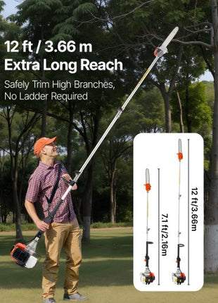 Gas Pole Saw, 43CC 2 Stroke Gas Powered Pole Saws with 12 in Cutting Bar, Cordless Tree Trimmer with Rotatable Head, 7.1 to 12 ft Extendable, Powerful Chainsaw for Tree Trimming Pruning