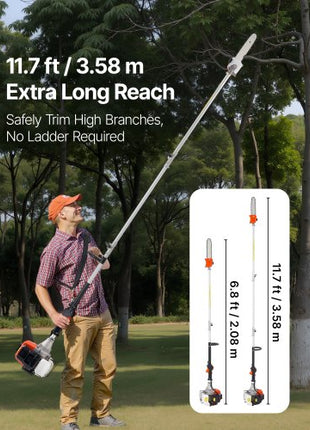 Gas Pole Saw, 43CC 2 Stroke Gas Powered Pole Saws with 10 in Cutting Bar, Cordless Tree Trimmer with 30 fl.oz Fuel Tank, 6.8 to 11.7 ft Extendable, Powerful Chainsaw for Tree Trimming Pruning