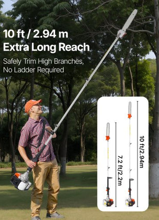 Gas Pole Saw, 52CC 2 Stroke Gas Powered Pole Saws with 14 in Cutting Bar, Cordless Tree Trimmer with 30 fl.oz Fuel Tank, 7.2 to 10 ft Extendable, Powerful Chainsaw for Tree Trimming Pruning