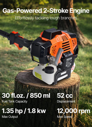Gas Pole Saw, 52CC 2 Stroke Gas Powered Pole Saws with 14 in Cutting Bar, Cordless Tree Trimmer with 30 fl.oz Fuel Tank, 7.2 to 10 ft Extendable, Powerful Chainsaw for Tree Trimming Pruning