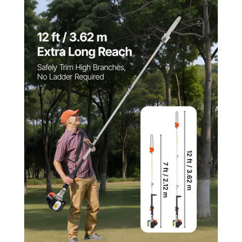 Gas Pole Saw, 25CC 2 Stroke Gas Powered Pole Saws with 12 in Cutting Bar, Cordless Tree Trimmer with 23 fl.oz Fuel Tank, 7 to 12 ft Extendable, Powerful Chainsaw for Tree Trimming Pruning